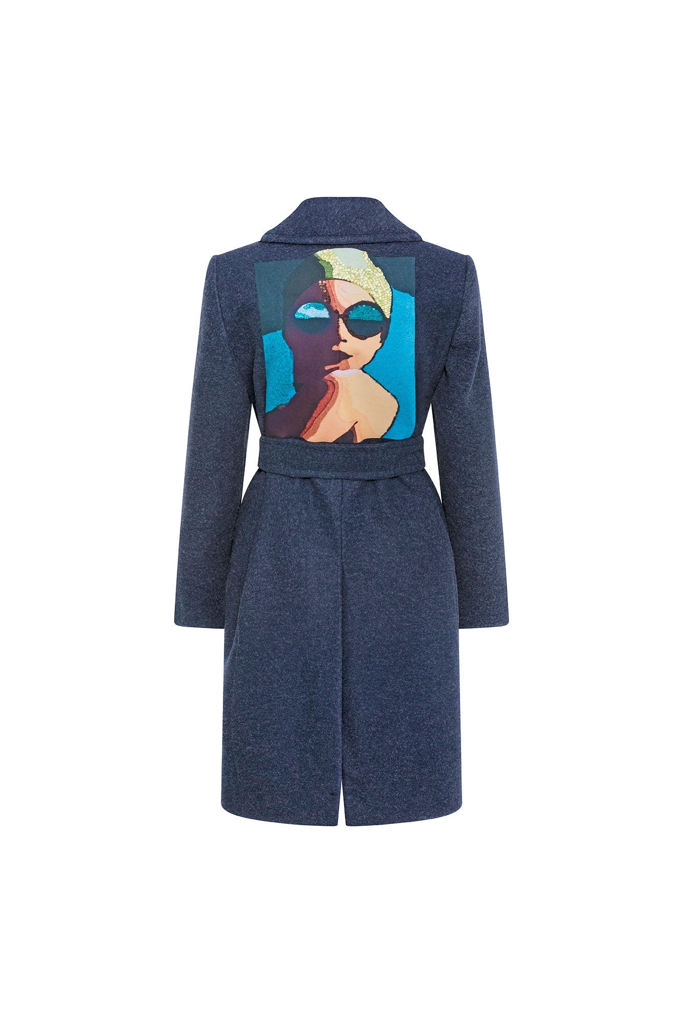 The Nadadora Navy Blue Belted Coat — back view with bold pop-art portrait print