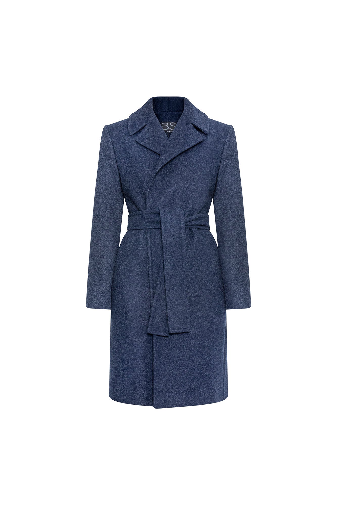 The Nadadora Navy Blue Belted Coat — front view with BS monogram and self-tie belt