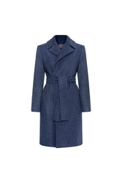 The Nadadora Navy Blue Belted Coat — front view with BS monogram and self-tie belt
