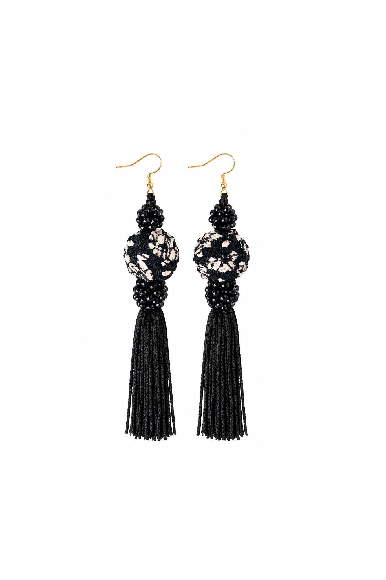 Bettina Spitz black tassel earrings with black-and-white patterned spheres, bead clusters and gold-toned hooks