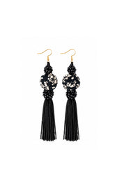 Bettina Spitz black tassel earrings with black-and-white patterned spheres, bead clusters and gold-toned hooks