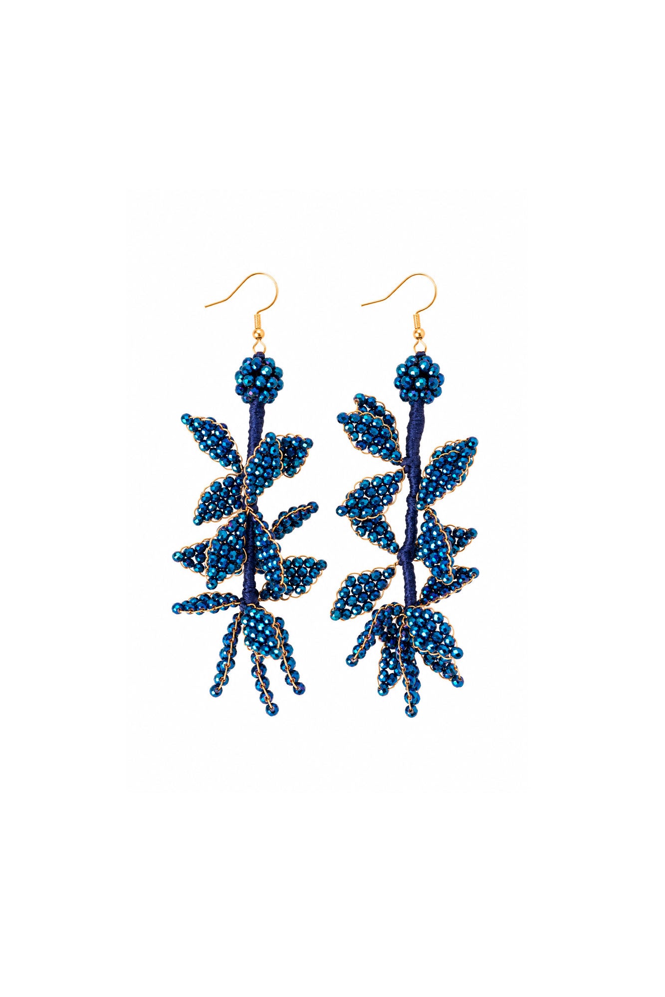 Bettina Spitz blue and teal beaded botanical drop earrings with dark stems and gold-toned hooks