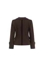 Blazer Juan Cintas Botón Rosa Café — full back view showing fitted chocolate brown blazer with single center back seam running from collar to hem, long sleeves with two stacked fabric-covered brown buttons at each cuff