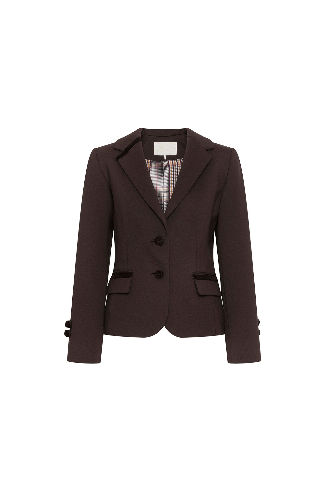 Blazer Juan Cintas Botón Rosa Café — full front view showing fitted single-breasted chocolate brown blazer with three large domed brown buttons, clean notched lapel opening to reveal multicolor Prince of Wales check lining, two hip flap pockets with narrow dark brown velvet ribbon trim