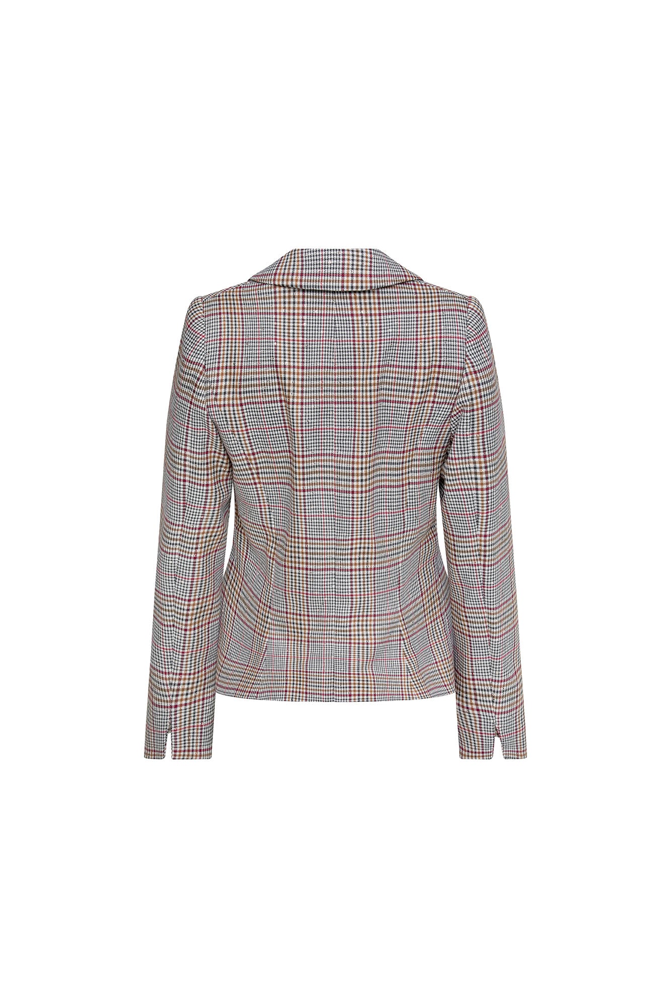The Juan Cuadros — back view showing fitted tailored silhouette, long sleeves and back vent in ivory black and burgundy Prince of Wales check