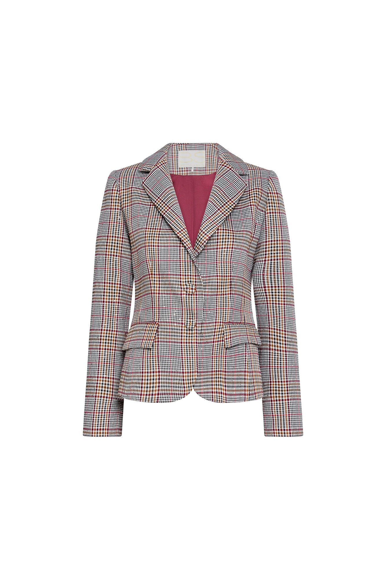 The Juan Cuadros Prince of Wales Check Blazer — full front view showing fitted single-breasted silhouette with notched lapel, two gold buttons, flap pockets and burgundy lining visible at lapel