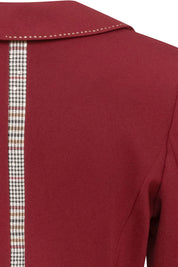 Blazer Juan PP Argollas Vino — close-up of back collar and upper center back showing cream hand topstitch along lapel edge and full-length Prince of Wales check inset in cream, brown, and black running down center back seam
