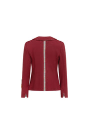 Blazer Juan PP Argollas Vino — full back view showing fitted burgundy blazer with full-length vertical inset of Prince of Wales check fabric running down center back seam from collar to hem, long sleeves with check-trimmed cuffs and sleeve vent