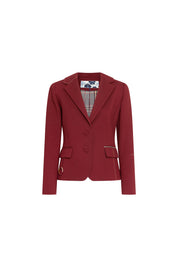 Blazer Juan PP Argollas Vino — full front view showing fitted single-breasted burgundy blazer with two-button closure, notched lapel edged in cream hand topstitch, two hip flap pockets trimmed in Prince of Wales check with topstitch, and gold ring hardware at one pocket corner