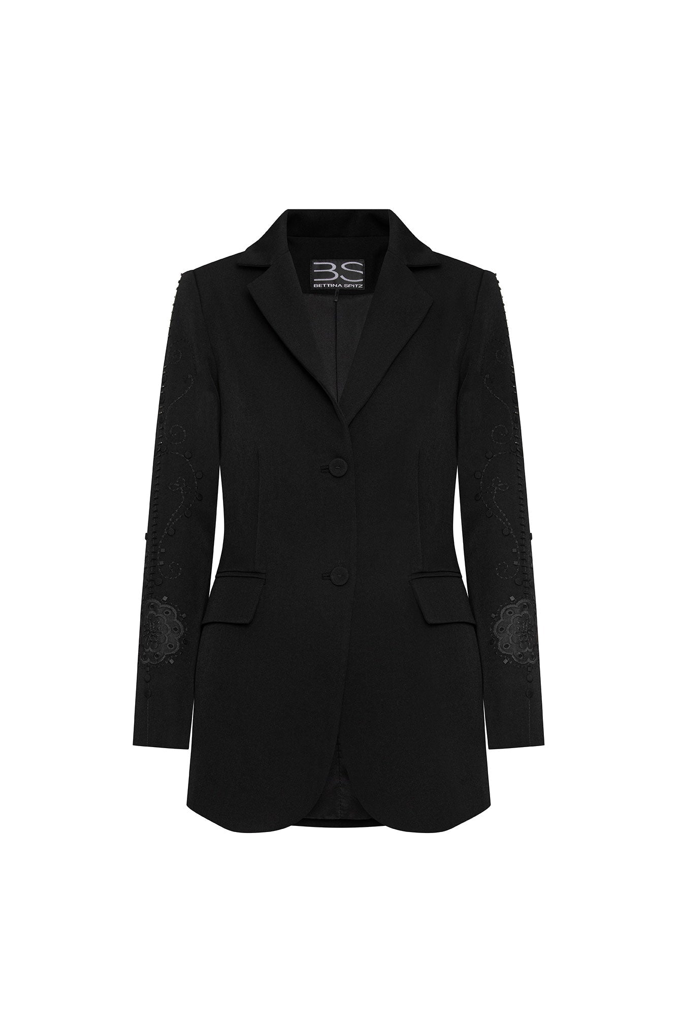 Black guipure flower long blazer - front view