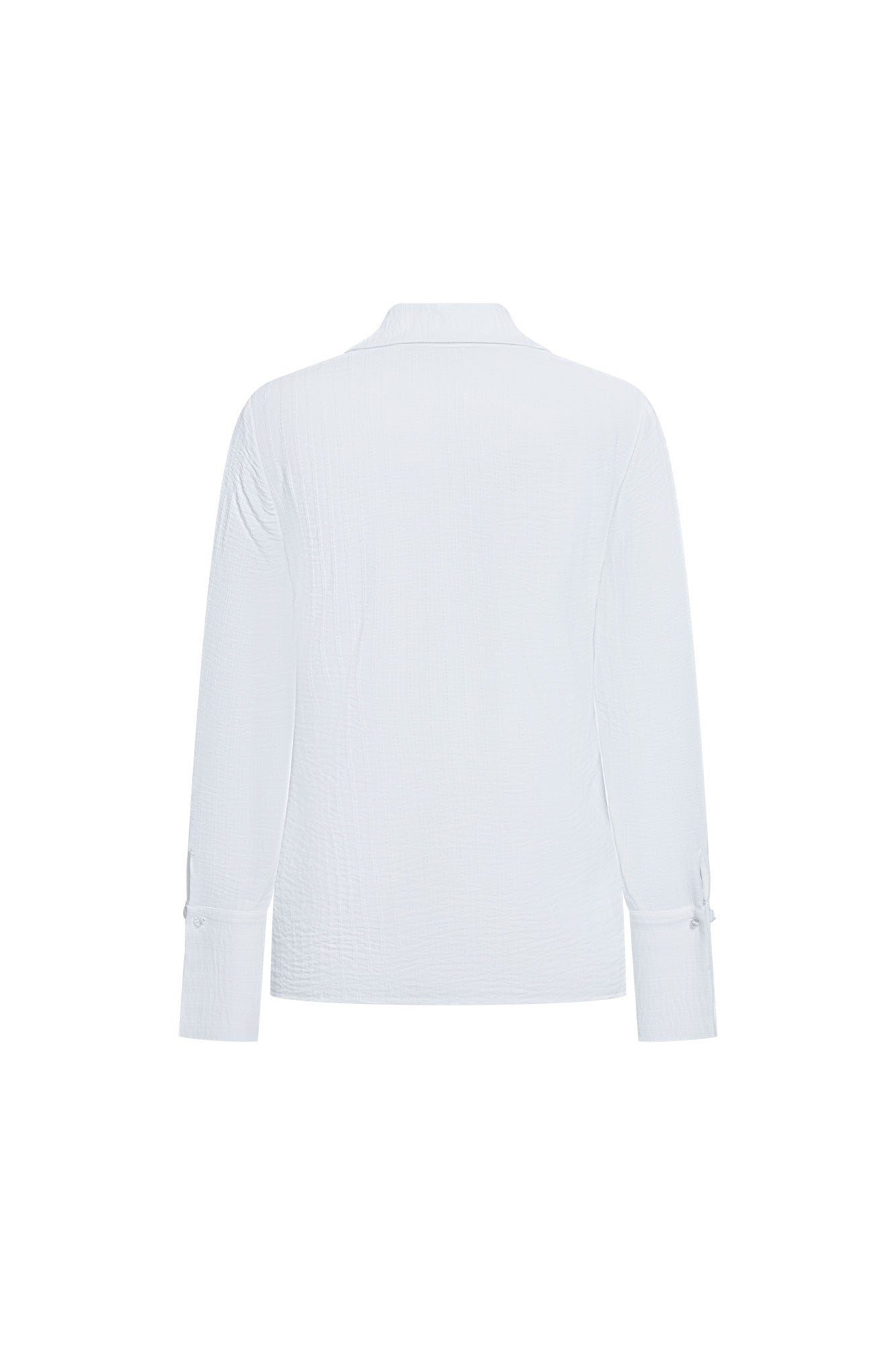 Back view of ivory long-sleeve blouse with a plain back, collar and wide cuffs