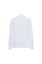 Back view of ivory long-sleeve blouse with a plain back, collar and wide cuffs