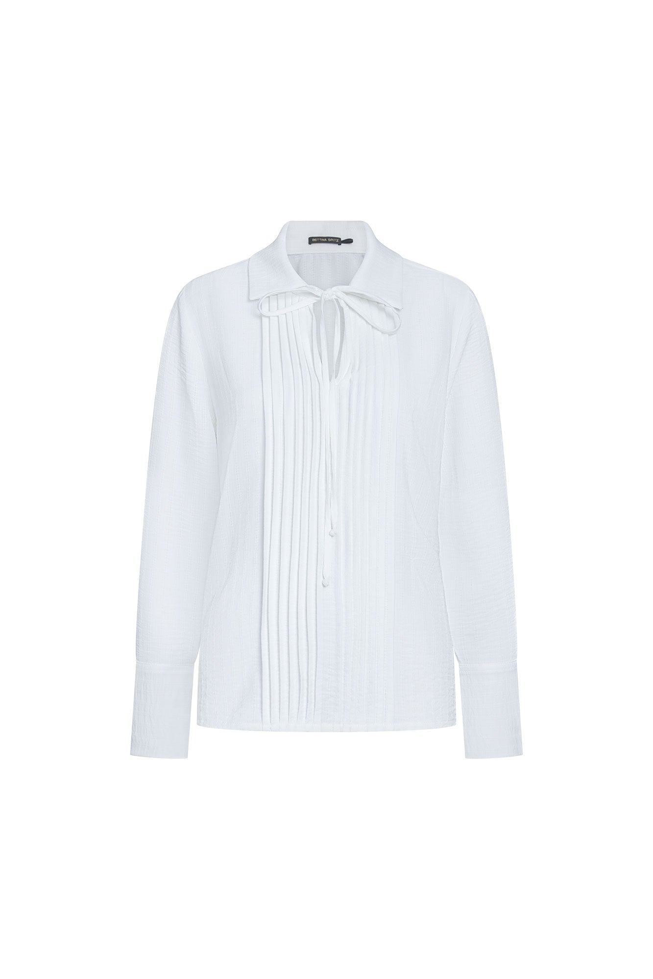 Front view of Bettina Spitz ivory blouse with pintucks, pointed collar, neck tie and long sleeves