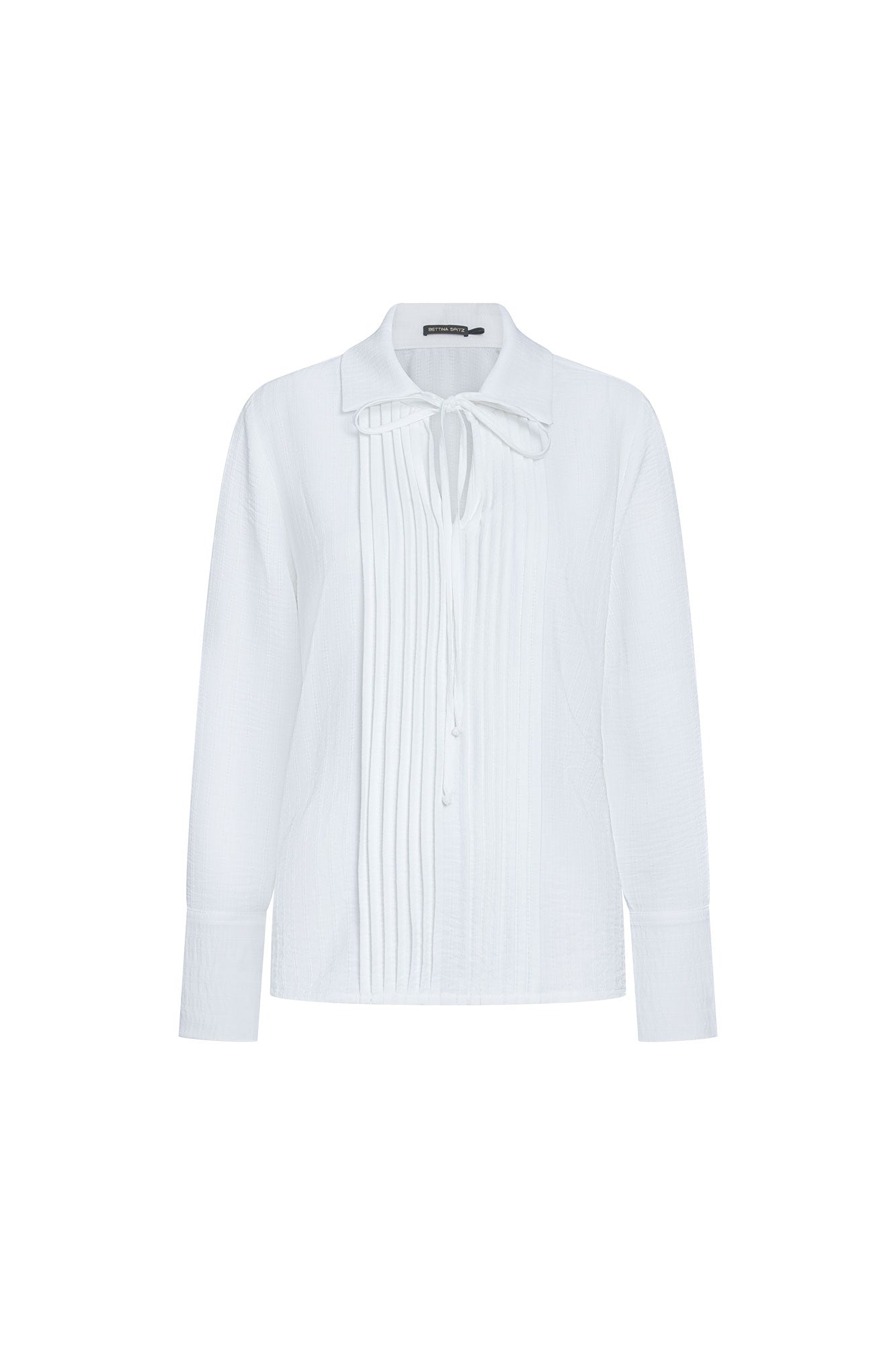 Front view of Bettina Spitz ivory blouse with pintucks, pointed collar, neck tie and long sleeves