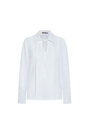 Front view of Bettina Spitz ivory blouse with pintucks, pointed collar, neck tie and long sleeves