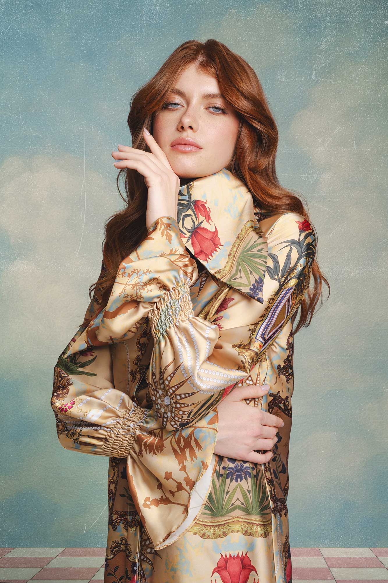 Long Blouse with Scarf Collar – Frames Print