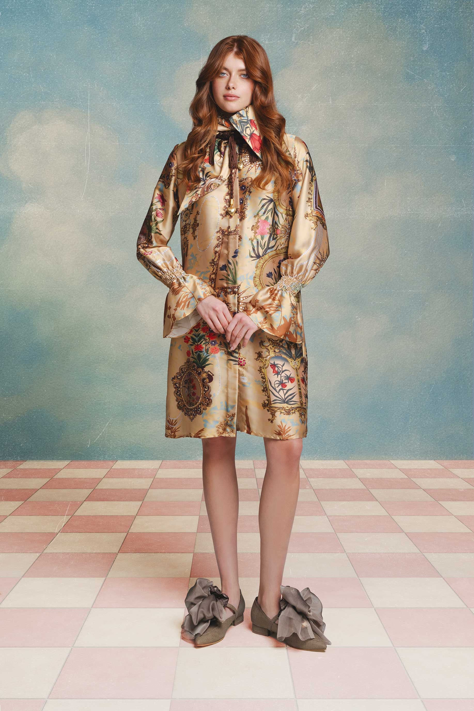 Long Blouse with Scarf Collar – Frames Print