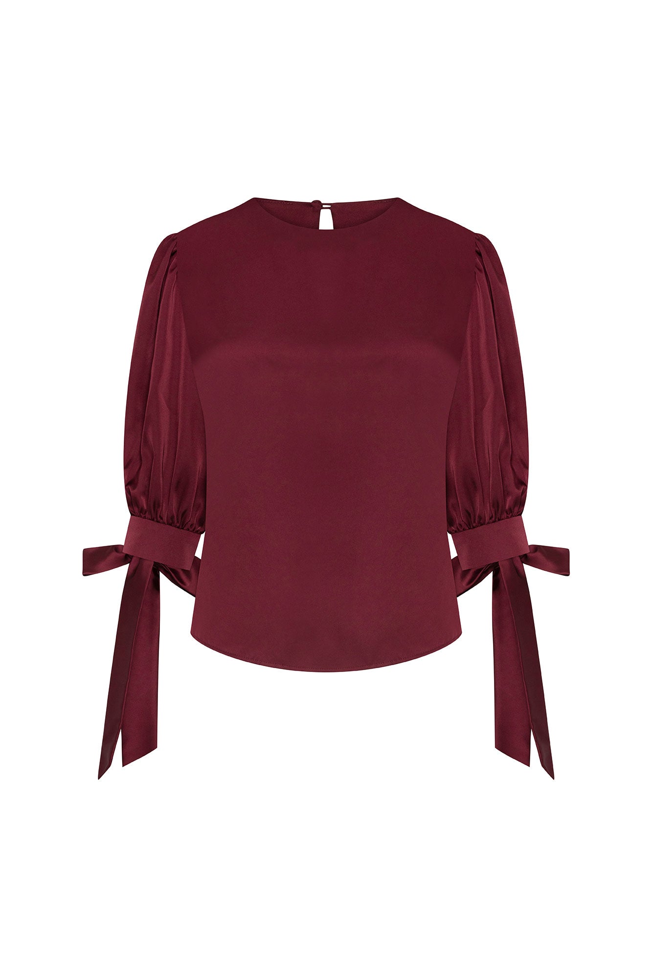 Front view of Bettina Spitz burgundy blouse with puff sleeves, round neckline and long bow cuff ties
