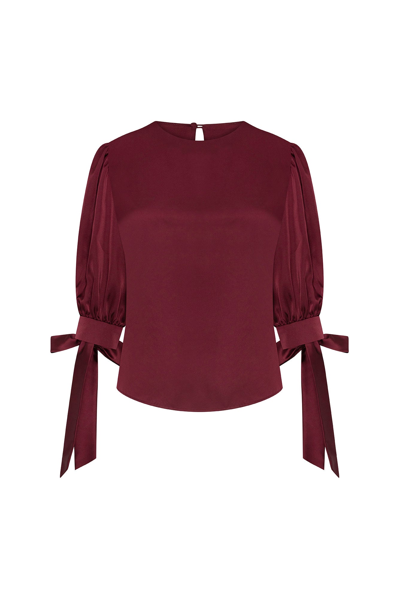 Front view of Bettina Spitz burgundy blouse with puff sleeves, round neckline and long bow cuff ties
