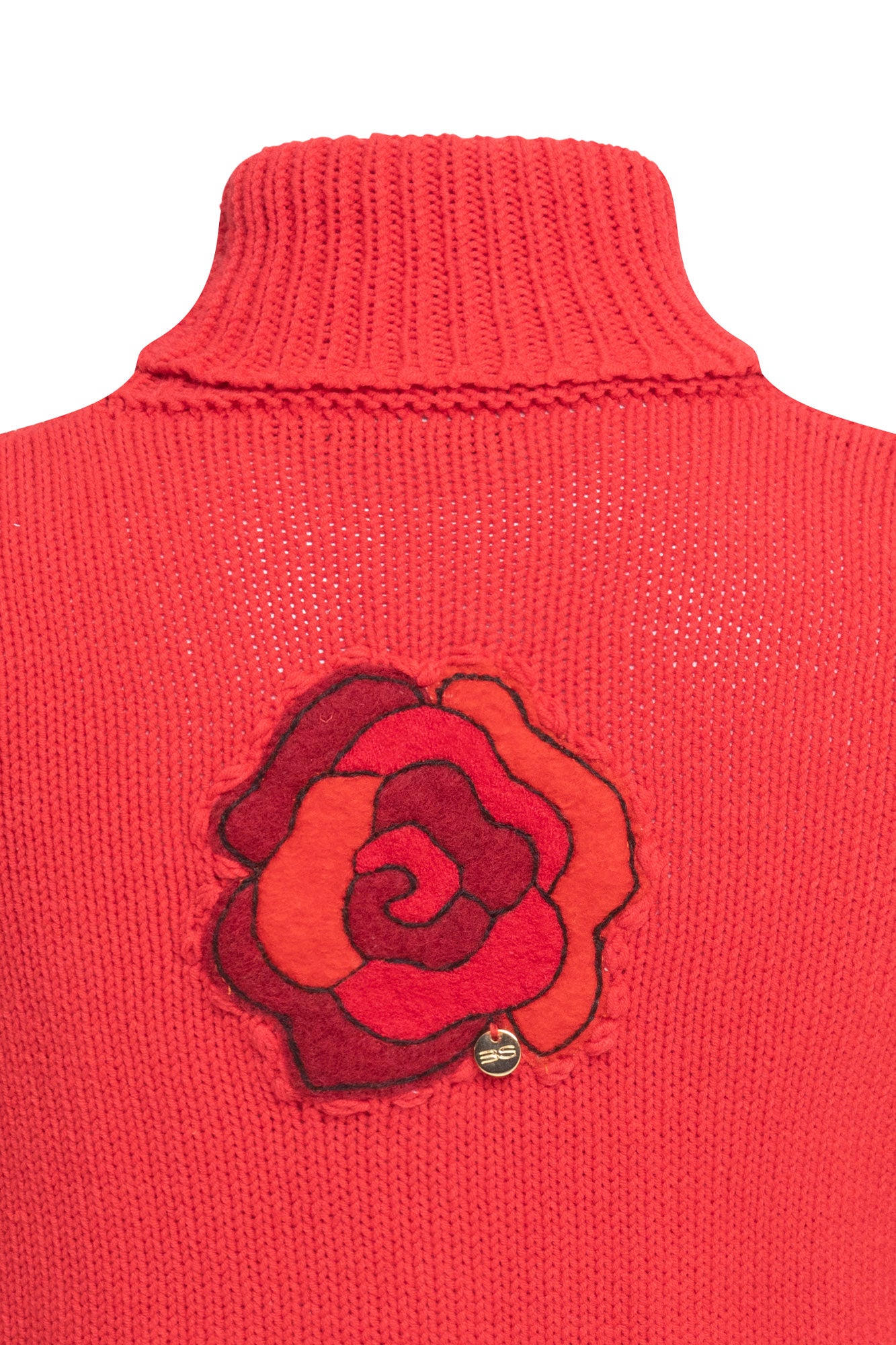 Rose Appliqué Turtleneck Sweater – Red