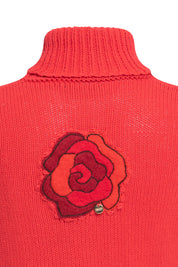 Rose Appliqué Turtleneck Sweater – Red