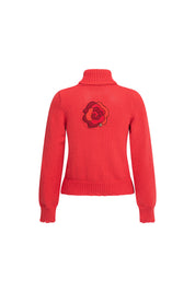 Rose Appliqué Turtleneck Sweater – Red