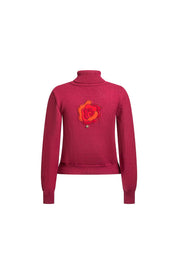 Rose Appliqué Turtleneck Sweater – Wine