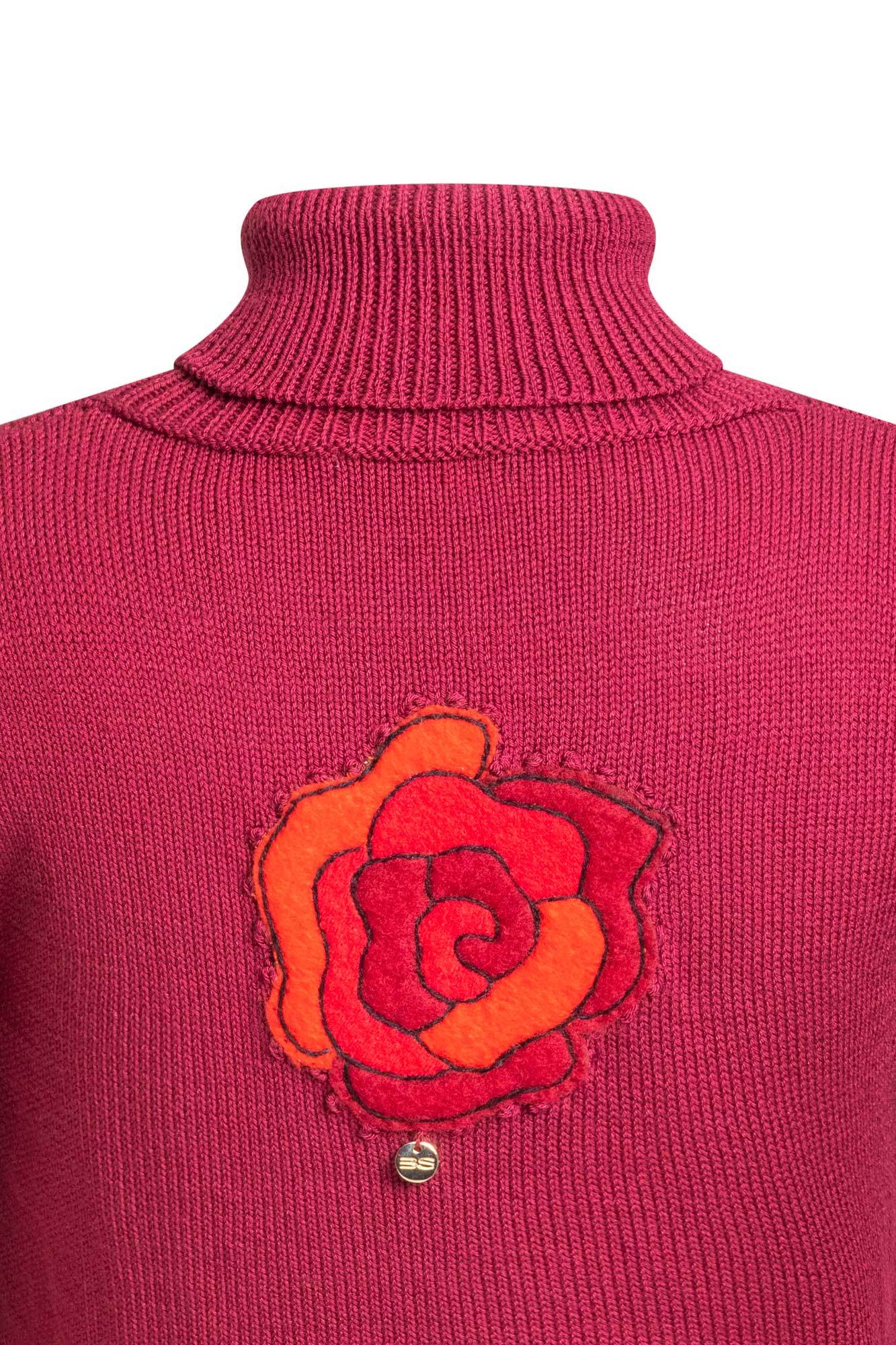 Rose Appliqué Turtleneck Sweater – Wine
