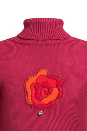 Rose Appliqué Turtleneck Sweater – Wine
