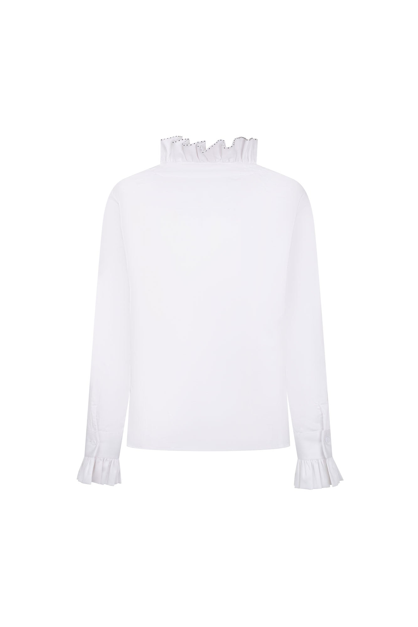 Back view of white long-sleeve shirt with a plain back, standing ruffle collar and ruffled cuffs