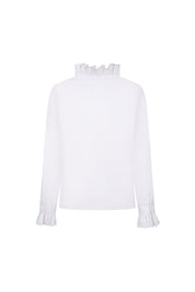 Back view of white long-sleeve shirt with a plain back, standing ruffle collar and ruffled cuffs