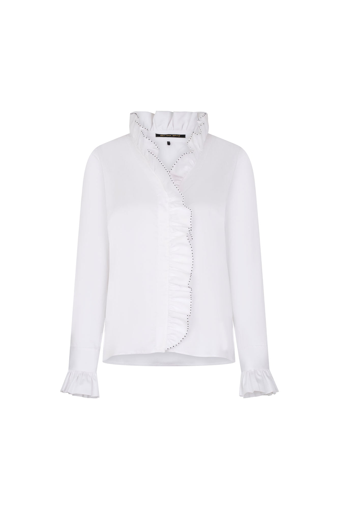 Front view of Bettina Spitz white shirt with standing ruffle collar, curved front ruffle and contrasting dot trim