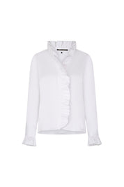 Front view of Bettina Spitz white shirt with standing ruffle collar, curved front ruffle and contrasting dot trim