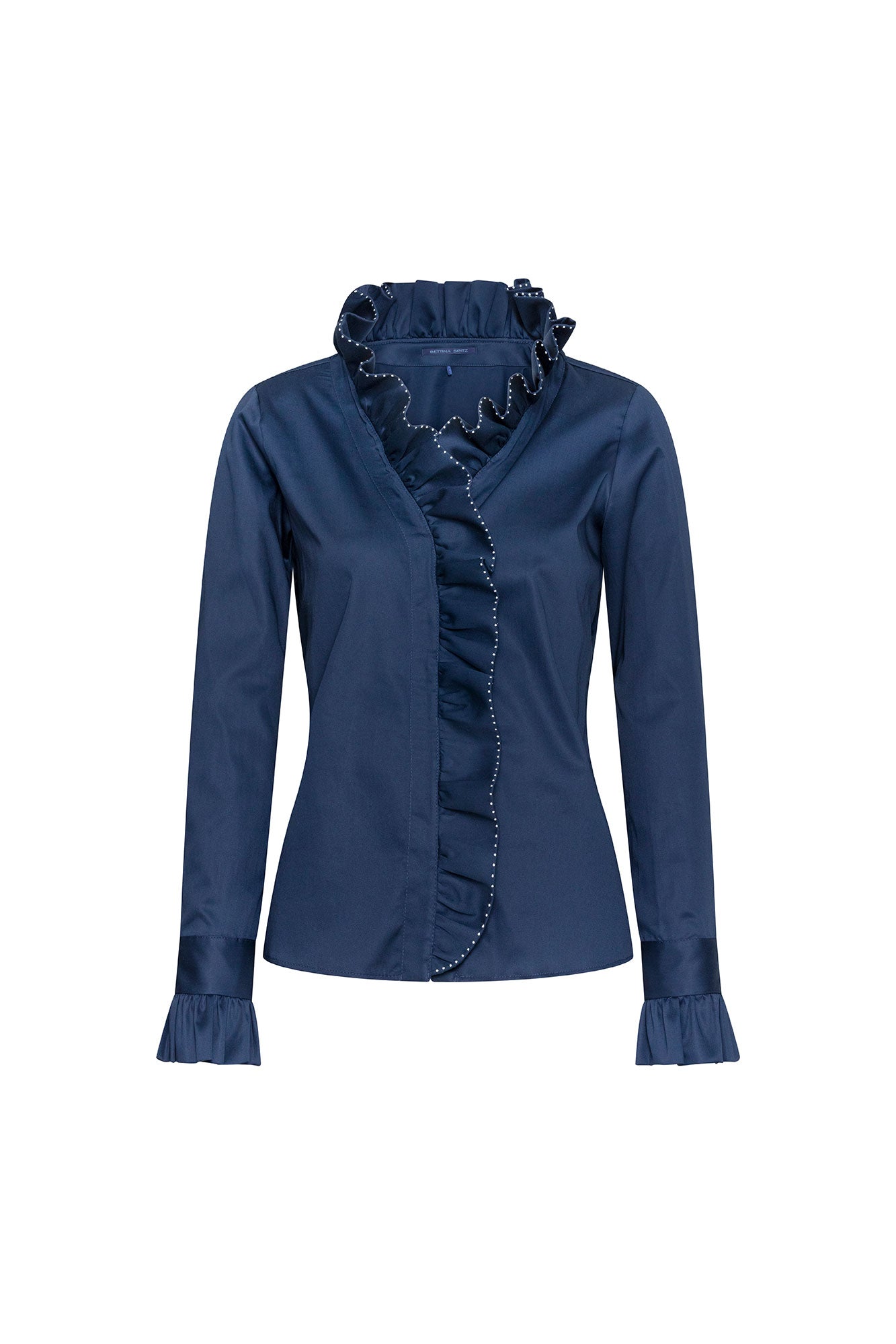 The Arlequín Bolita Navy Satin Blouse — full front view showing fitted silhouette with deep V-neck wrap placket framed by continuous ruffled frill with hand-sewn white crystal bead edge