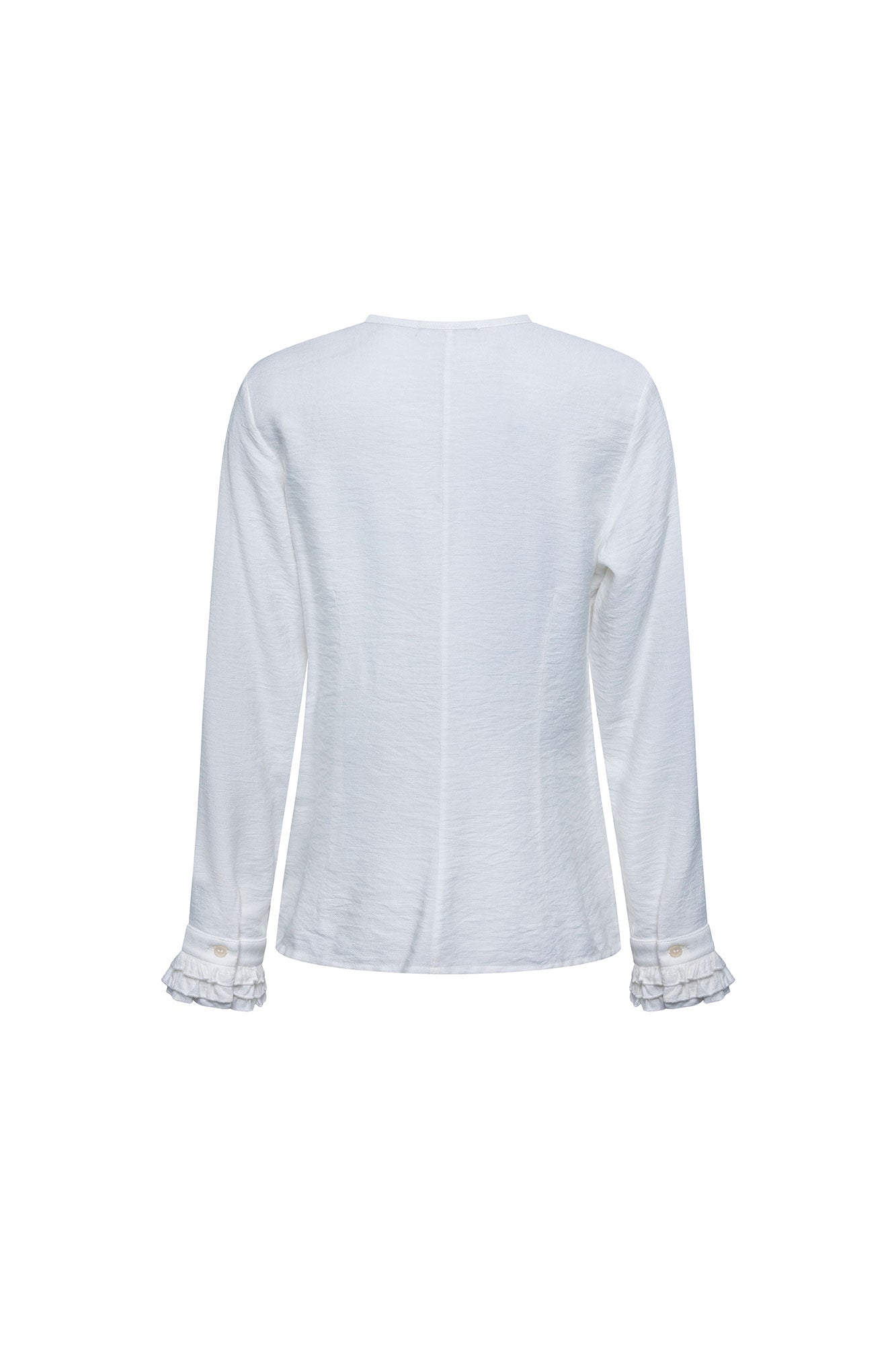 The Nácar White Ruffle-Placket Blouse — back view with layered ruffle cuffs