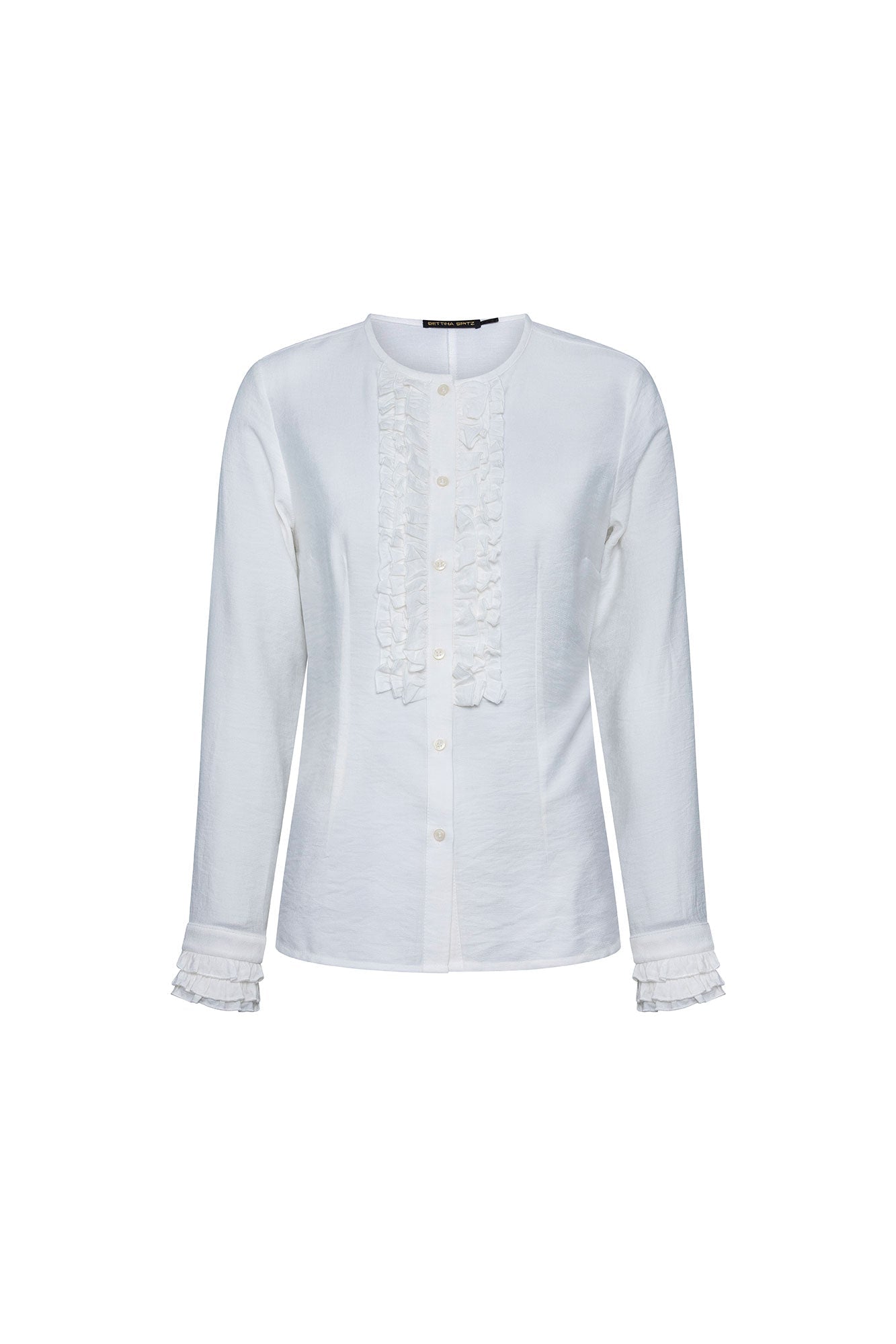 The Nácar White Ruffle-Placket Blouse — front view