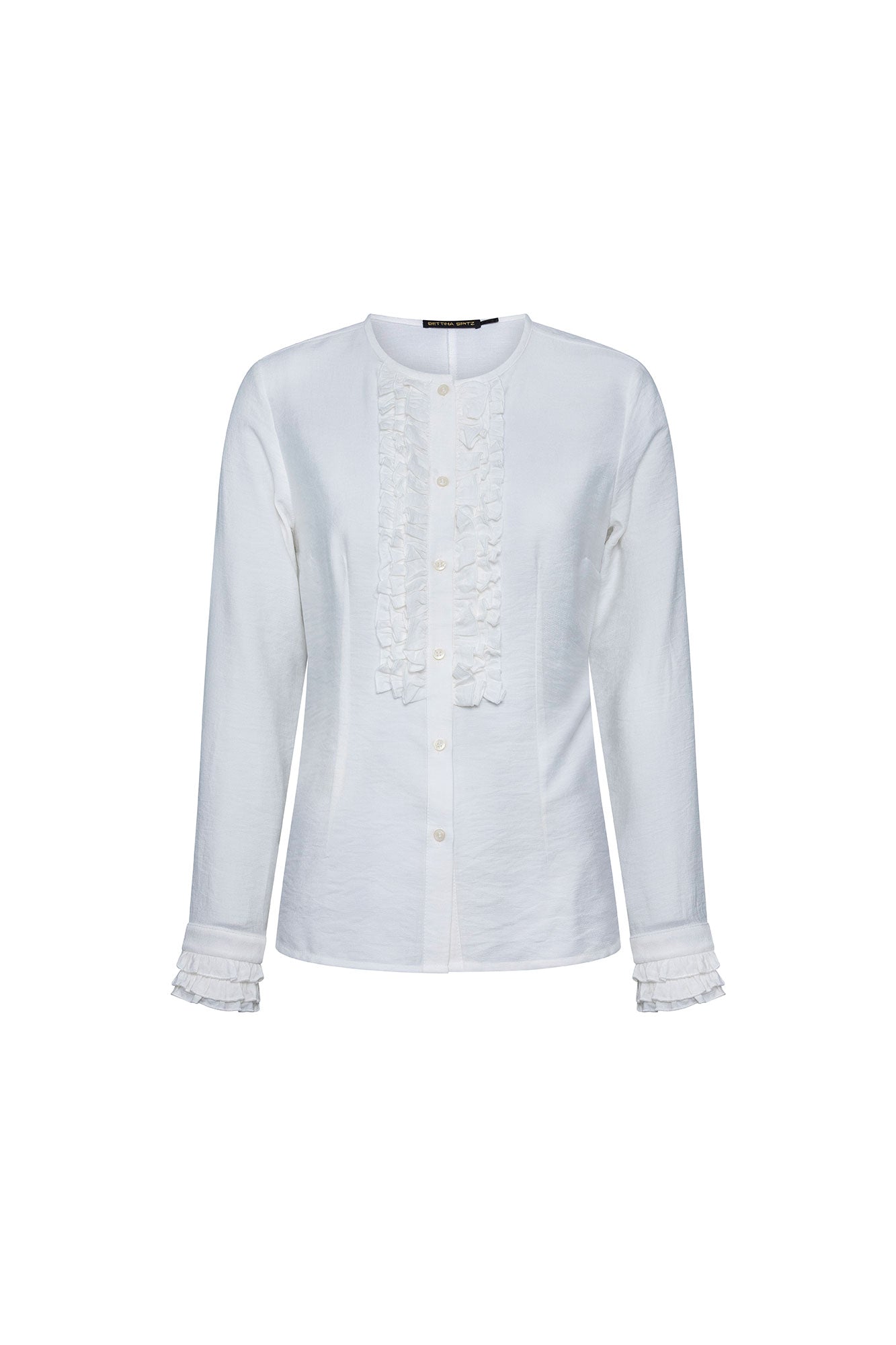 The Nácar White Ruffle-Placket Blouse — front view