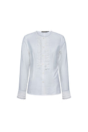 The Nácar White Ruffle-Placket Blouse — front view