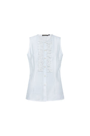 Ruched-Front Sleeveless Shirt – White