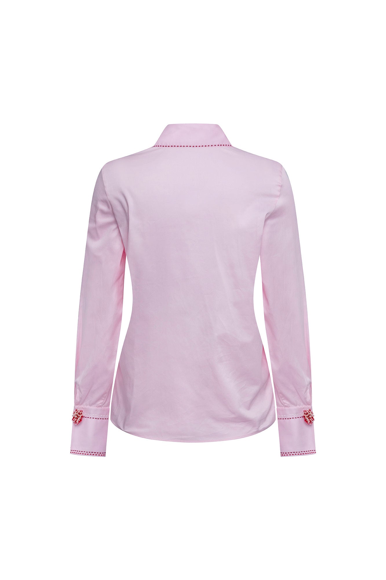 The Sol Argolla Pink Shirt — back view with fitted silhouette and red crystal cluster cuff detail