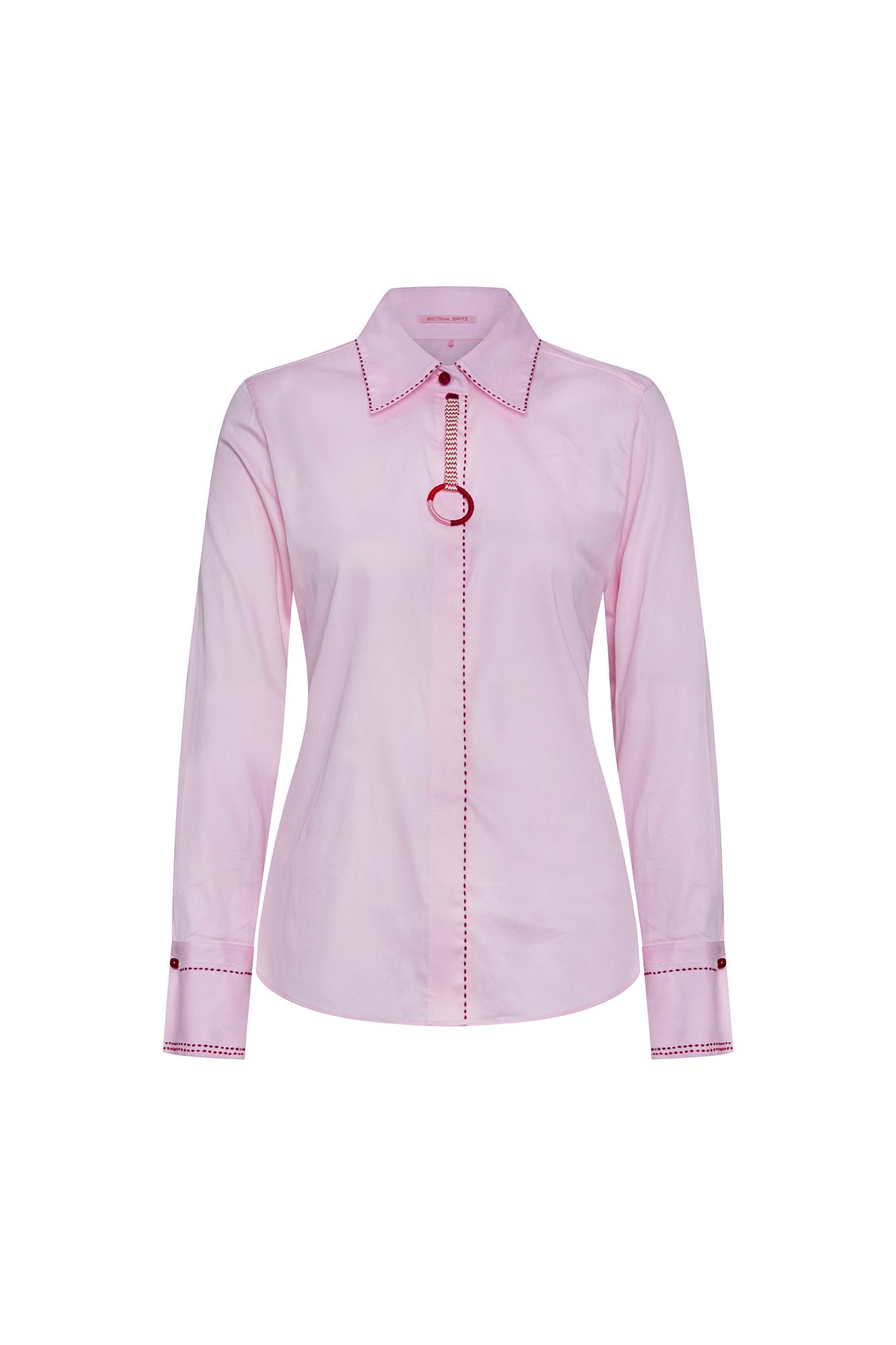 The Sol Argolla Pink Shirt — front view with red whipstitch collar, rhinestone chain placket and red acrylic ring pull