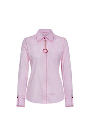 The Sol Argolla Pink Shirt — front view with red whipstitch collar, rhinestone chain placket and red acrylic ring pull