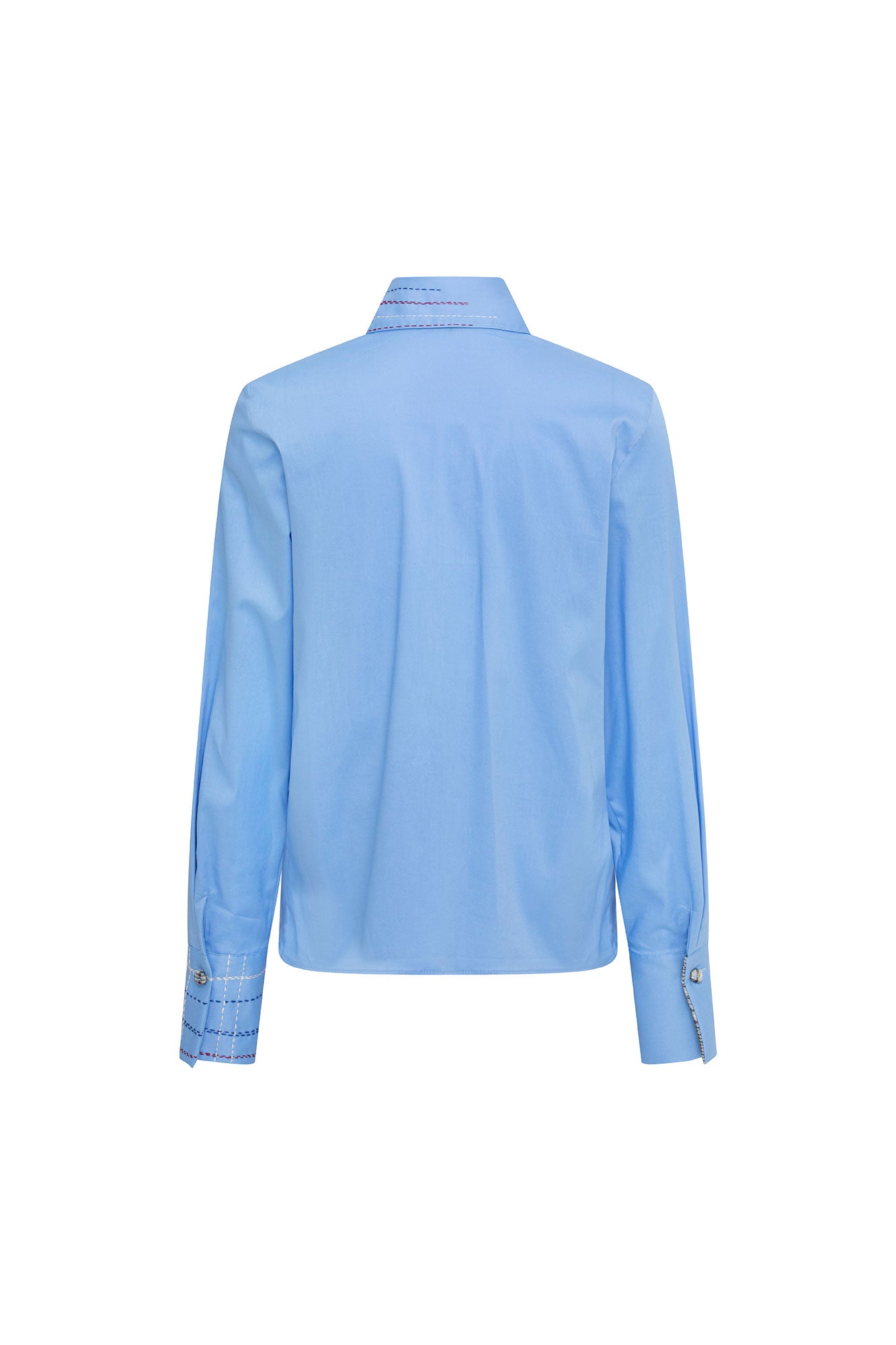 Back view of sky-blue long-sleeve shirt with a plain back and contrast stitching on collar and cuffs