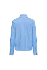 Back view of sky-blue long-sleeve shirt with a plain back and contrast stitching on collar and cuffs