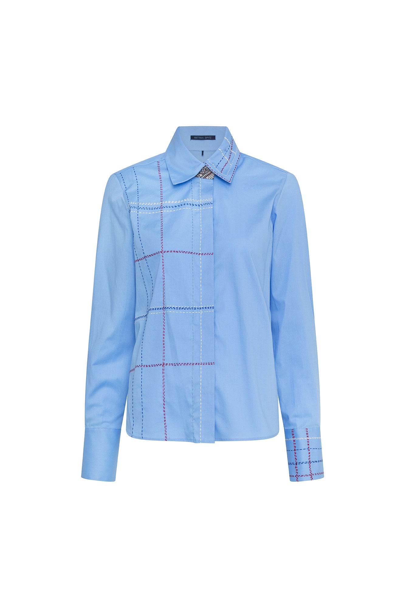 Front view of Bettina Spitz sky-blue shirt with asymmetric contrast check stitching and a pointed collar