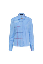 Front view of Bettina Spitz sky-blue shirt with asymmetric contrast check stitching and a pointed collar