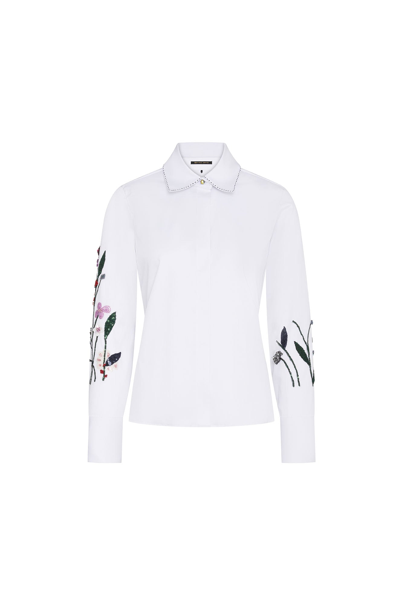 The Sol Flor White Shirt — full front view with Peter Pan collar and hand-embroidered wildflower botanical sleeves