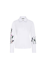 The Sol Flor White Shirt — full front view with Peter Pan collar and hand-embroidered wildflower botanical sleeves