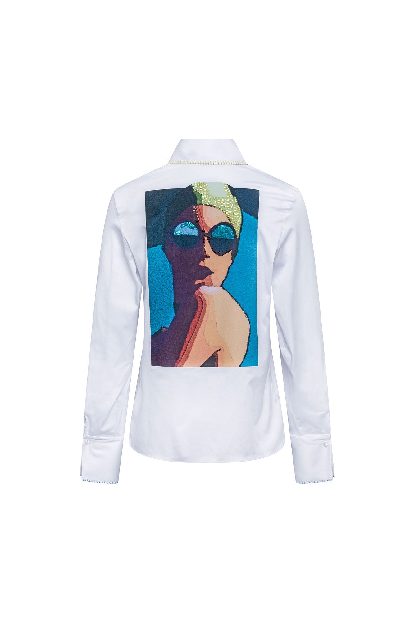 The Sol Nadadora White Shirt — back view with full hand-embroidered sequin Nadadora portrait