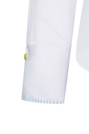 The Sol Nadadora White Shirt — close-up of whipstitched cuff with chartreuse gem cufflink